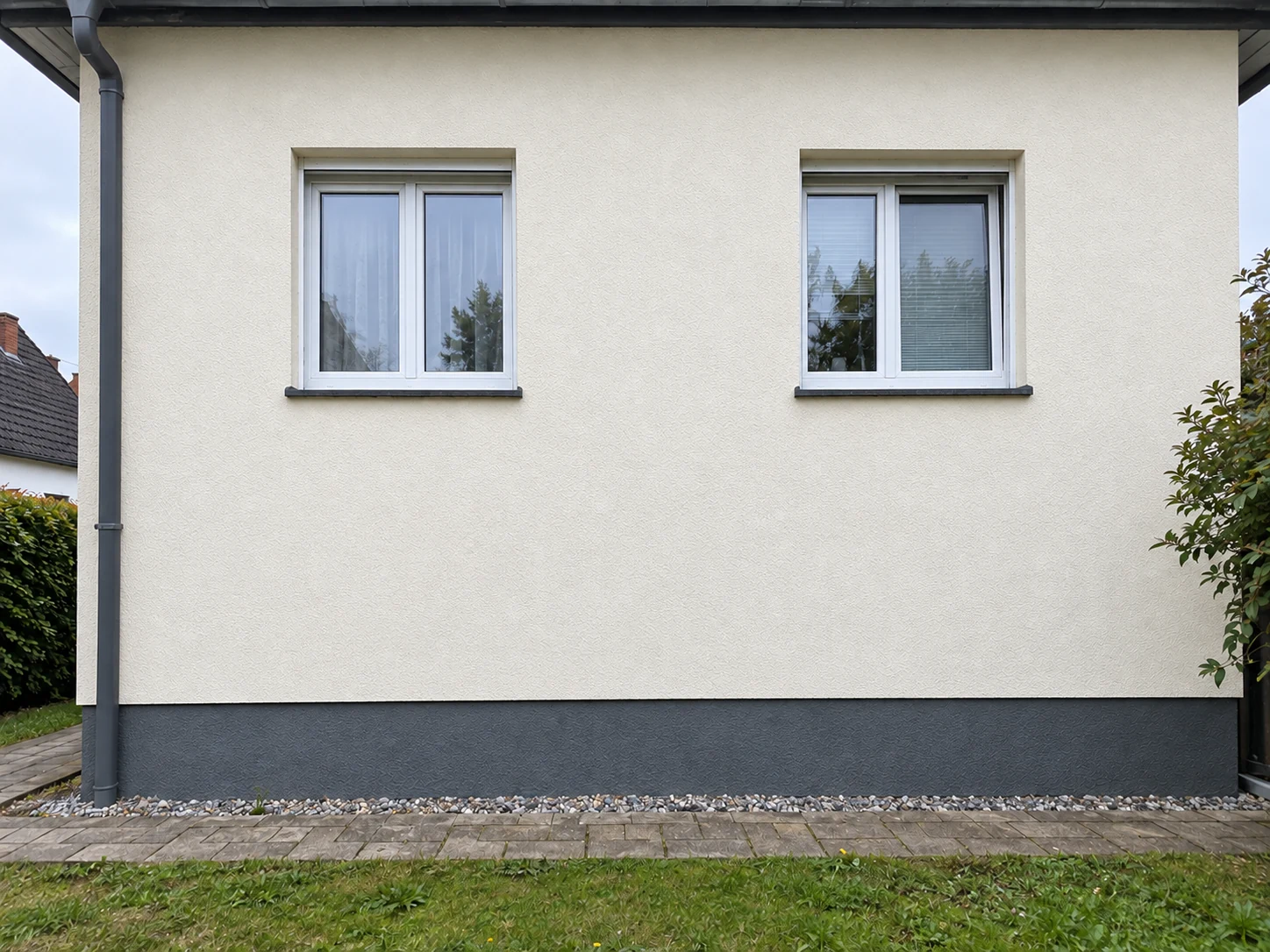 Instand gesetzte und gleichmäßig verputzte Hausfassade